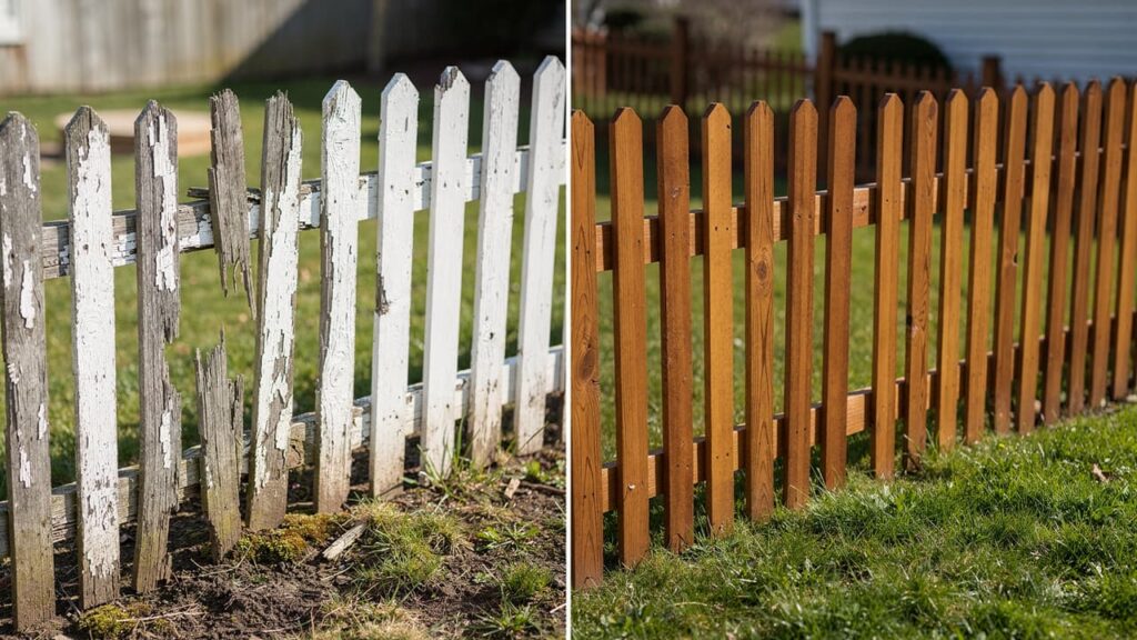 Side-by-side comparison of a damaged, weathered white wooden fence on the left and a new, well-maintained wooden fence on the right.