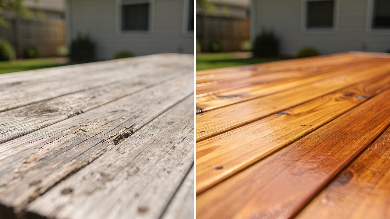 Side-by-side comparison of a wooden surface: the left side is weathered and gray, while the right side is restored, clean, and stained a rich, warm brown.