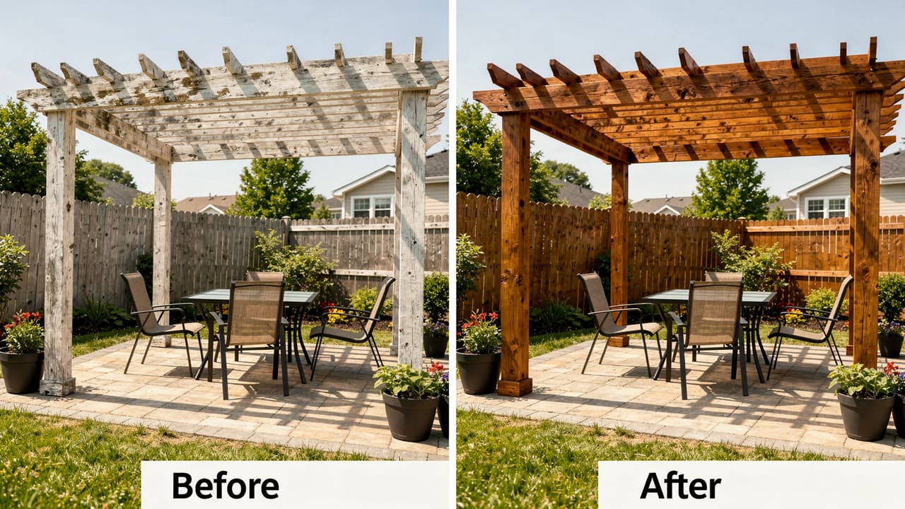 Side-by-side comparison of a backyard pergola before and after restoration; the left shows weathered wood, the right shows newly stained wood with the same furniture and plants.