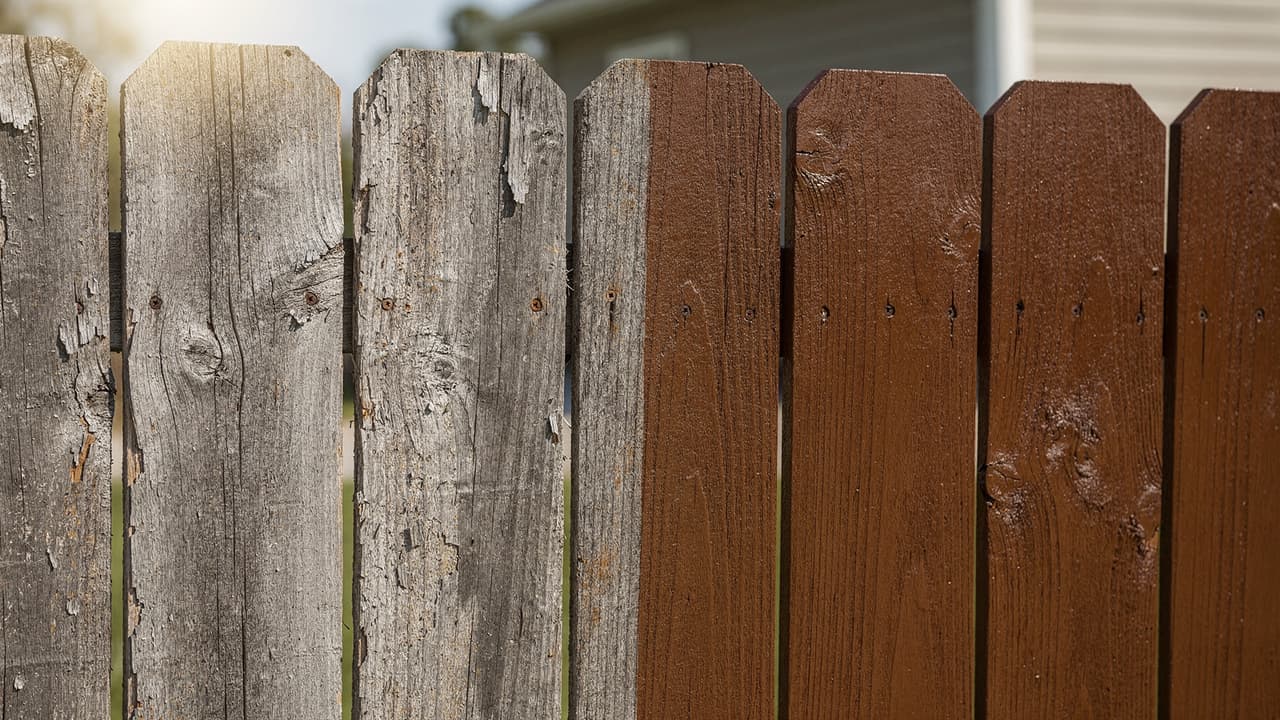 A wooden fence with one side weathered and gray, and the other side newly stained brown, illustrating a before-and-after effect.