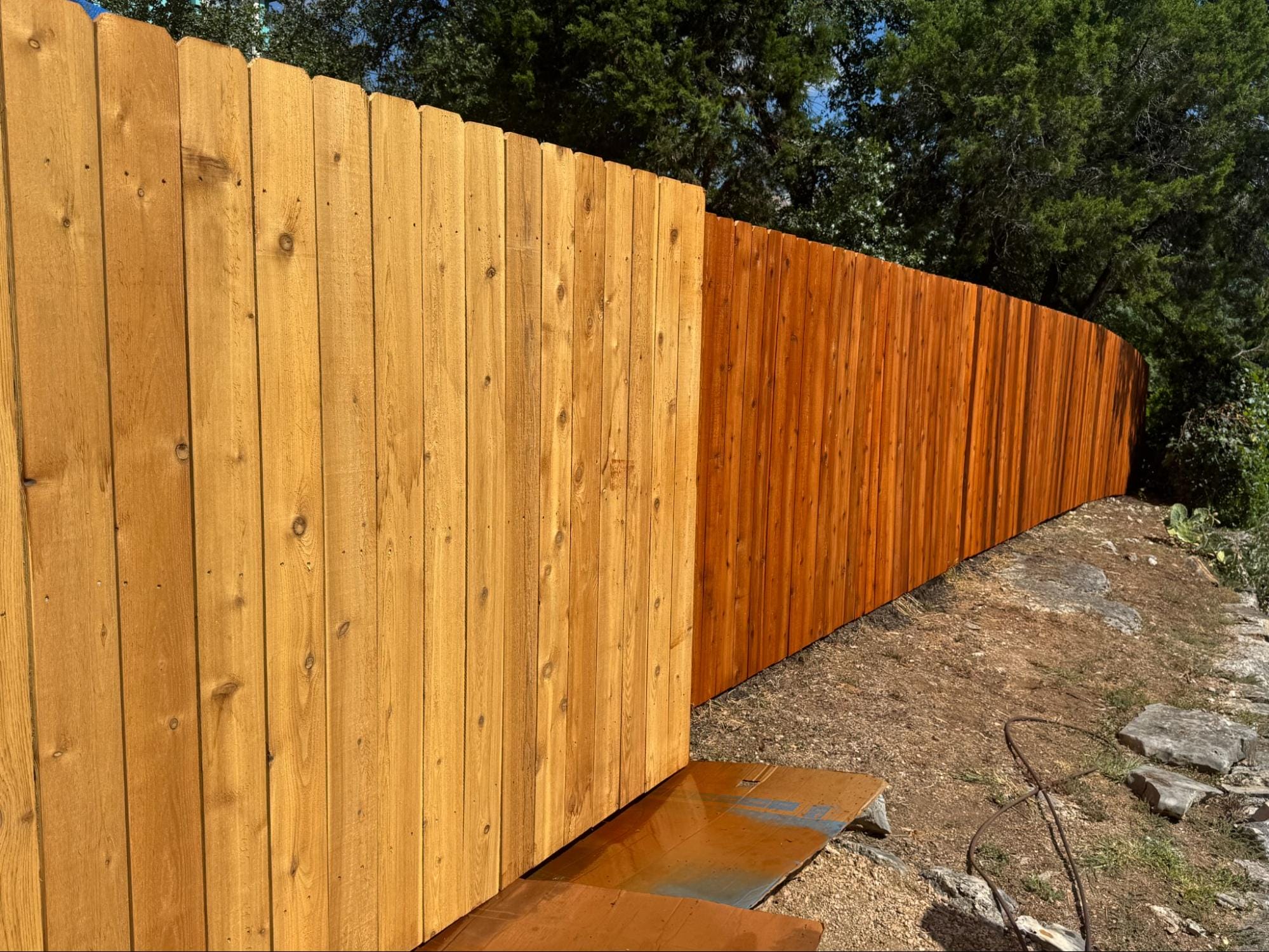 A wooden fence with the left side unstained and the right side treated with a darker wood stain, surrounded by trees and dirt ground.