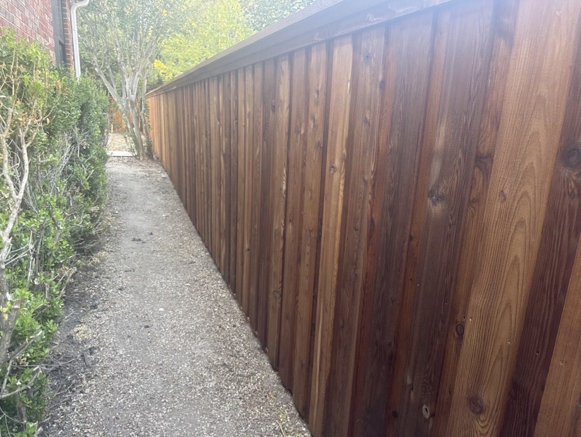 A narrow dirt pathway runs alongside a tall wooden fence, with trimmed bushes lining the opposite side near a brick building.