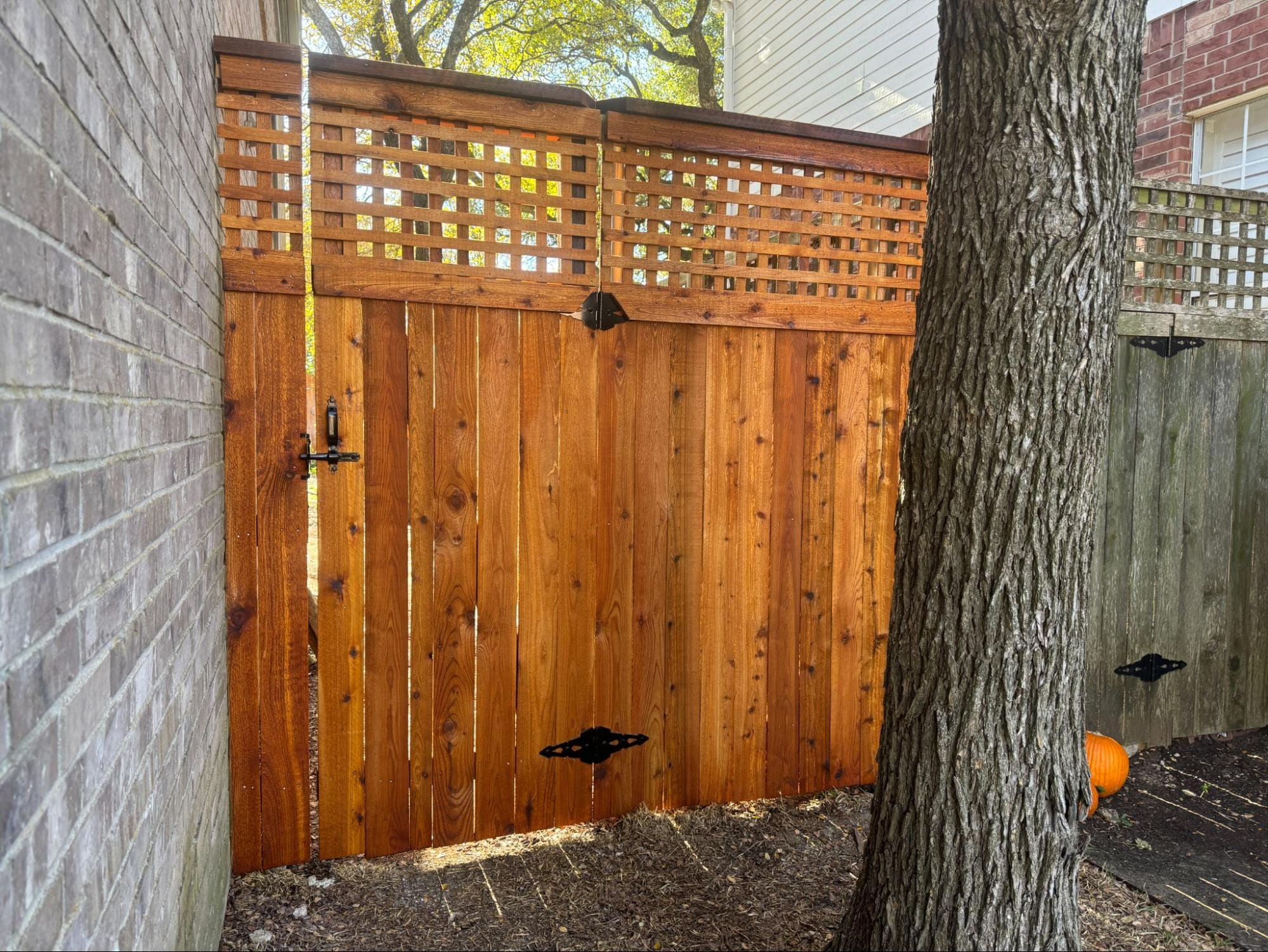 A wooden fence with a decorative lattice top stands between a brick wall and a tree, with a pumpkin partially visible on the ground. A wooden fence with a decorative lattice top stands between a brick wall and a tree, with a pumpkin partially visible on the ground.